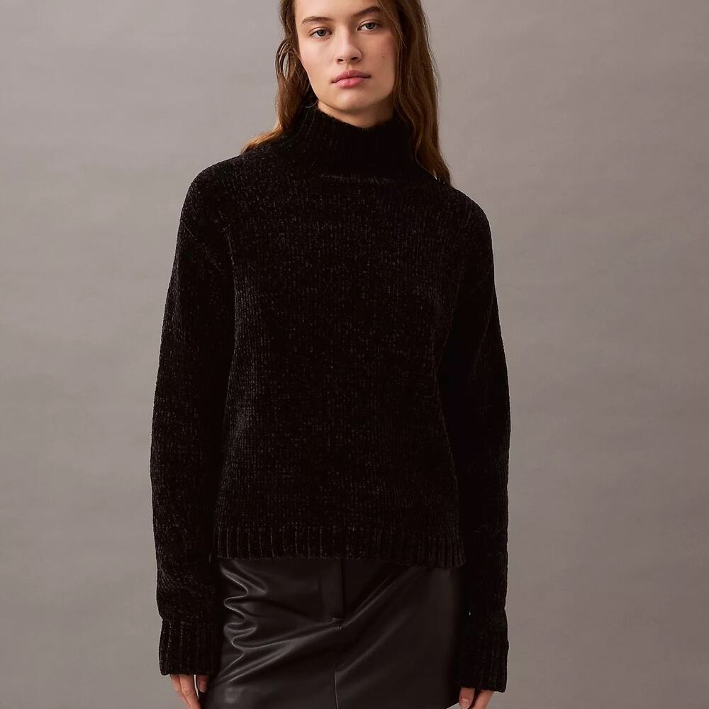 Calvin Klein Size Small Chenille Relaxed Turtleneck Sweater Black Metallic